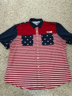 Ocean Coast Shirt Men's 2XLT Patriotic Red White & Blue Button Down Short Sleeve